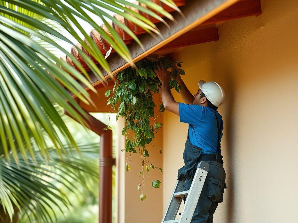 Worker clearing leaves from gutter