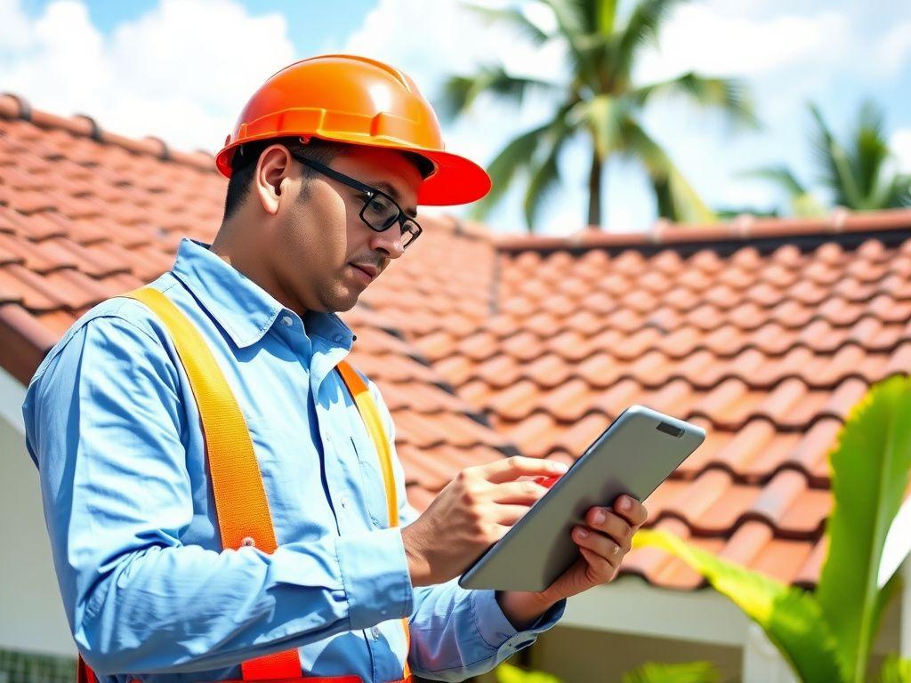 Inspector documenting roof condition with a tablet