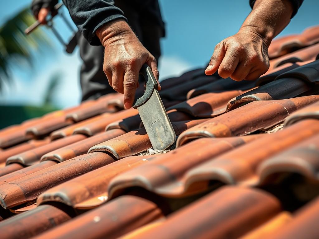 Roofer repairing damaged tile