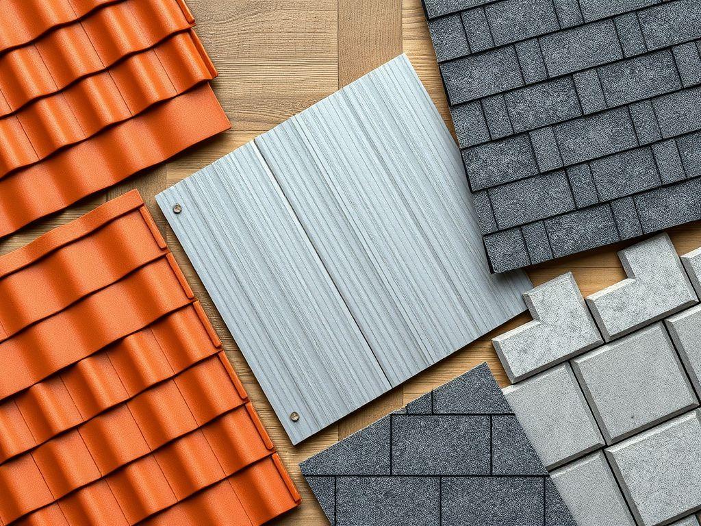 Various roofing material samples on a wooden table